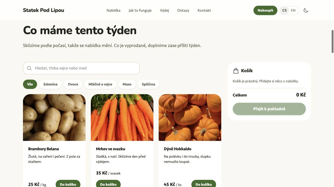 Farmářský e-shop s nabídkou produktů, cenami a nákupním košíkem