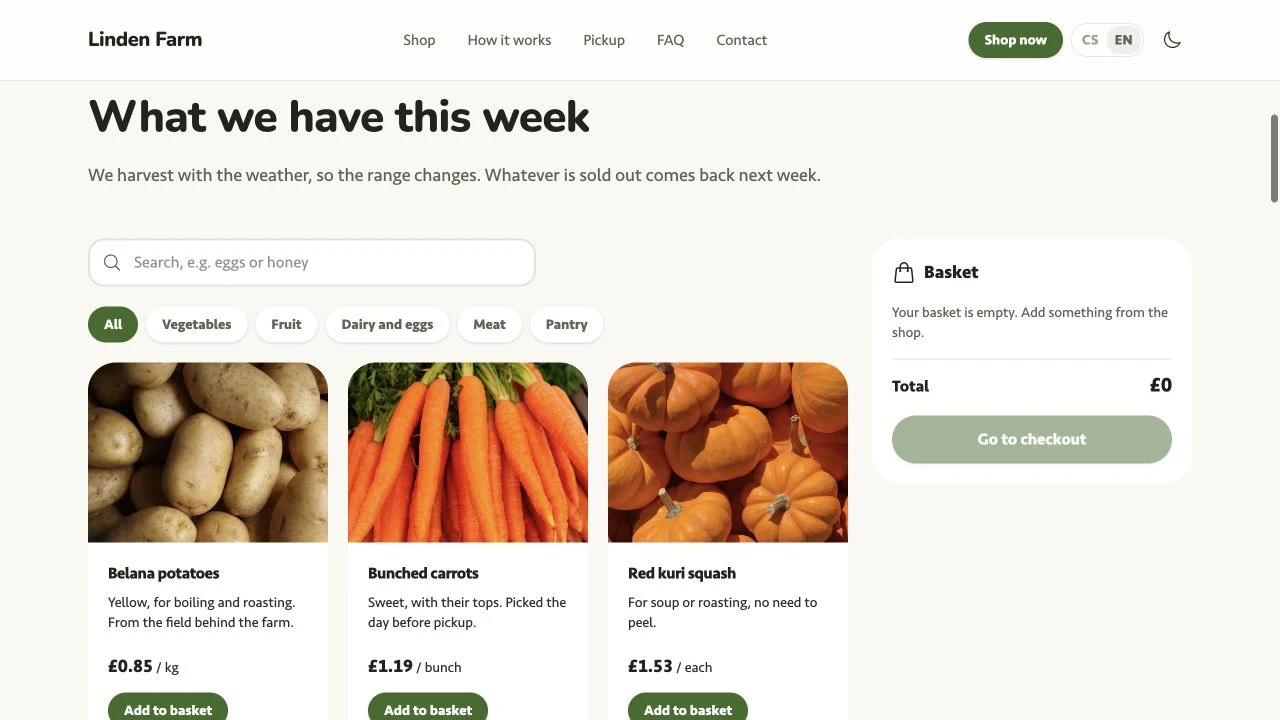 Farm shop showing products, prices and a shopping basket