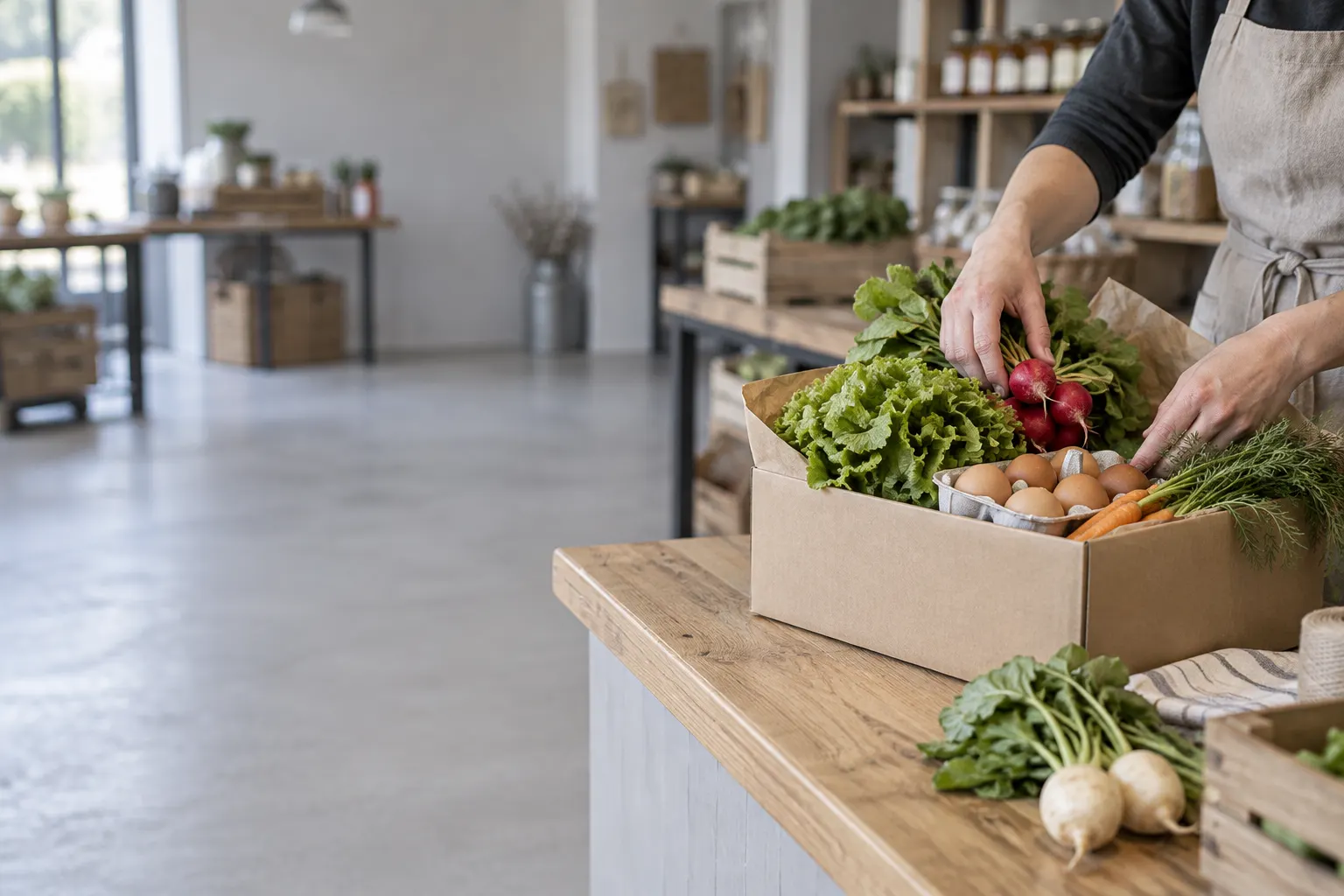 A farm shop worker packs vegetables and eggs for pickup