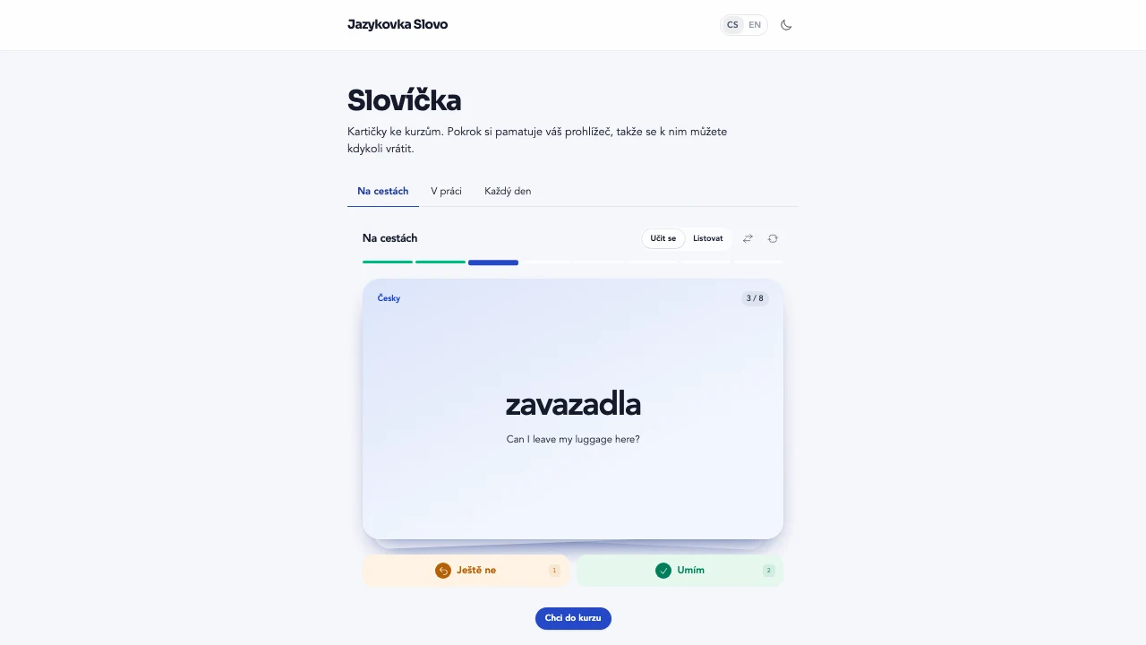 Kartička se slovíčkem na webu jazykové školy s tlačítky Umím a Ještě ne