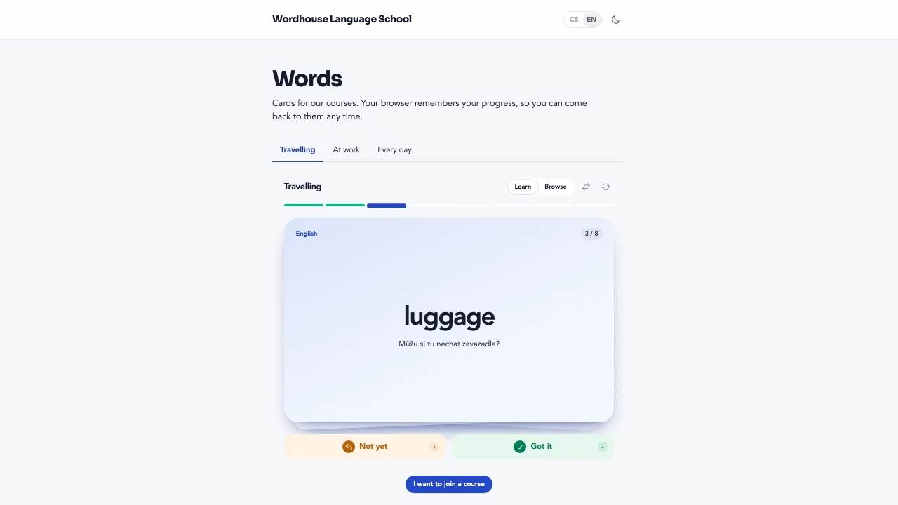 A vocabulary flashcard on a language school website with the Got it and Not yet buttons