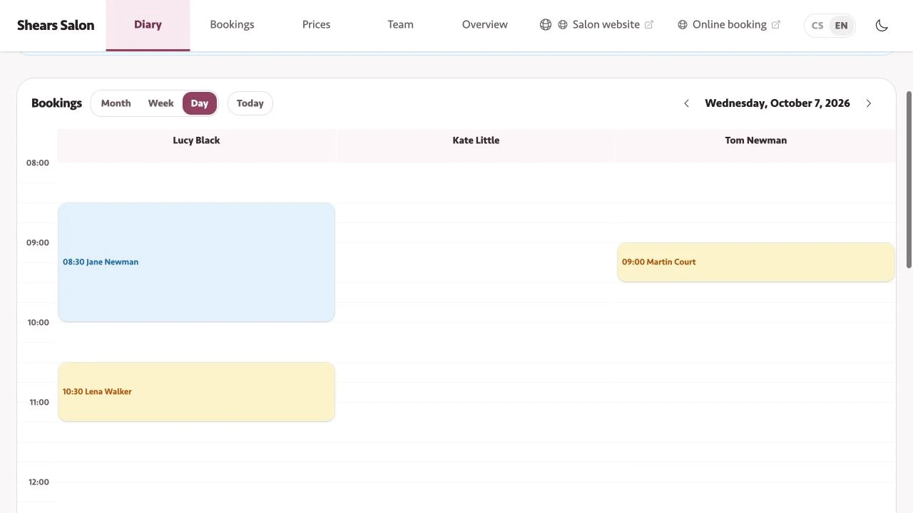 Salon diary showing bookings grouped by stylist