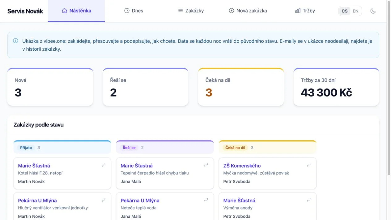 Nástěnka servisní aplikace se stavy zakázek, přiřazenými techniky a přehledem tržeb
