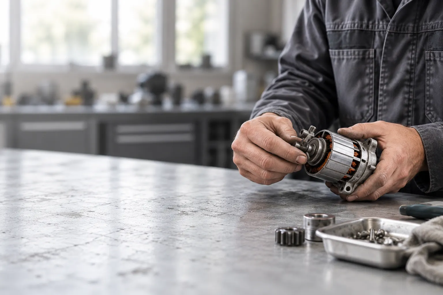 A technician checks a motor component at a workbench