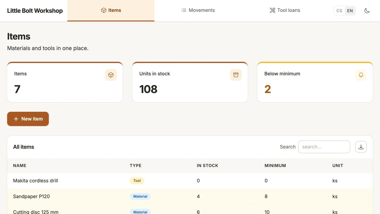 Stock app showing material quantities, tools and items below minimum stock