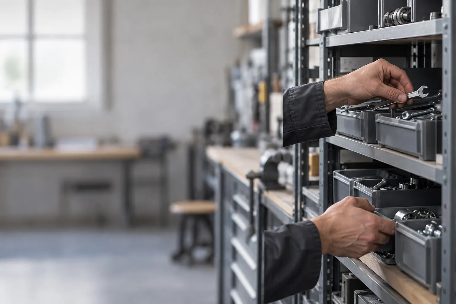 A worker selects a tool from a workshop storage shelf